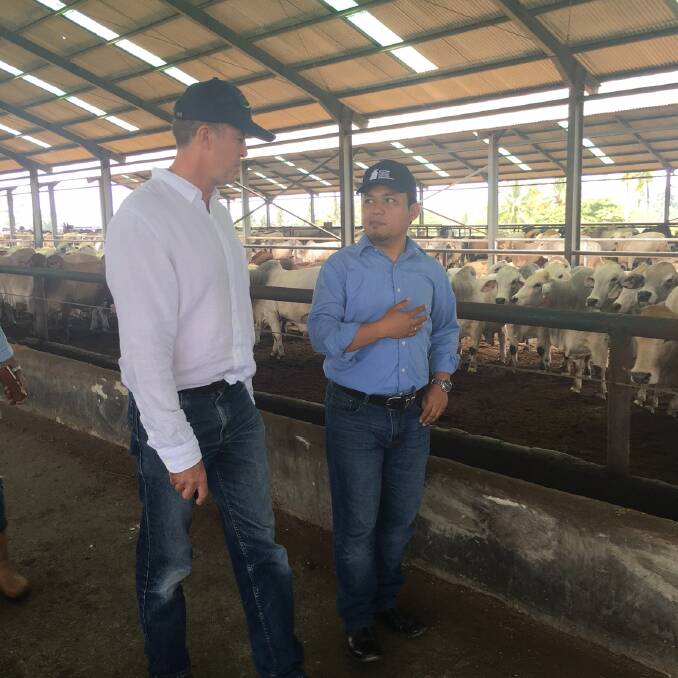 Assistant Minister to the Deputy Prime Minister Luke Hartsuyker at the Juang Jaya Abdi Alam feedlot, with William Bulo from the feedlot.