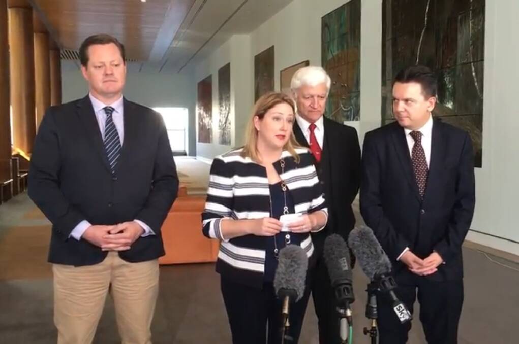 Australian Meat Industry Council general manager Patrick Hutchinson (left) with Nick Xenophon Team lower house Mayo MP Rebekha Sharkie, Queensland independent MP Bob Katter and NTX leader and SA Senator Nick Xenophon.