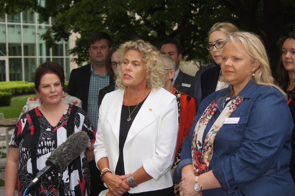 NATIONAL Farmers’ Federation (NFF) President Fiona Simson (centre) speaking to media at Parliament House in Canberra alongside other rural leaders about the inadequacy of digital communication services in regional Australia.