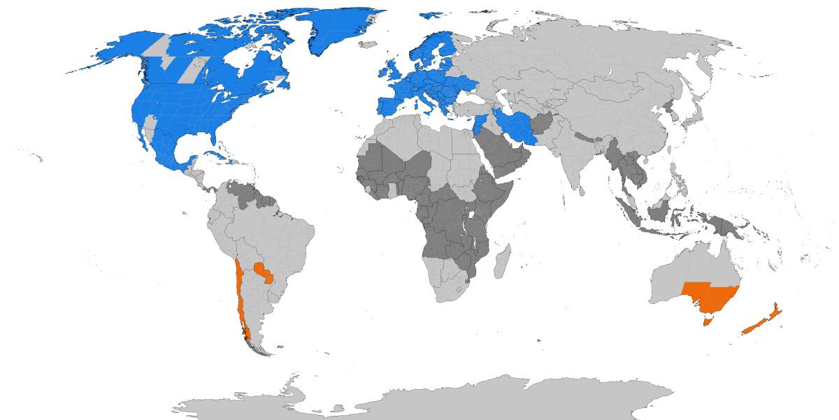 WHAT'S THE TIME: Nations observing Daylight Saving Time are in blue (northern hemisphere summer) and orange (southern hemisphere summer). Parts of the world that have in the past observed Daylight Saving Time are in light grey while those that have never had Daylight Saving Time are in darker grey. Picture: Time Zones Boy via Wiki Commons