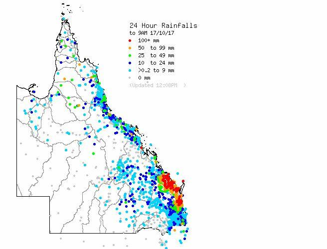 WET MAP: A rainfall map showing falls from the past 24 hours with a heavy concentration in the Wide Bay area. Source: Bureau of Meteorology,