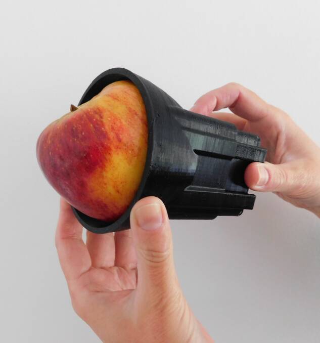 TEST: The Rubens Fluorescent Spectrometer, shown here with an apple, will be put to work in the packing sheds to detect sweetness, firmness and robustness for transport.