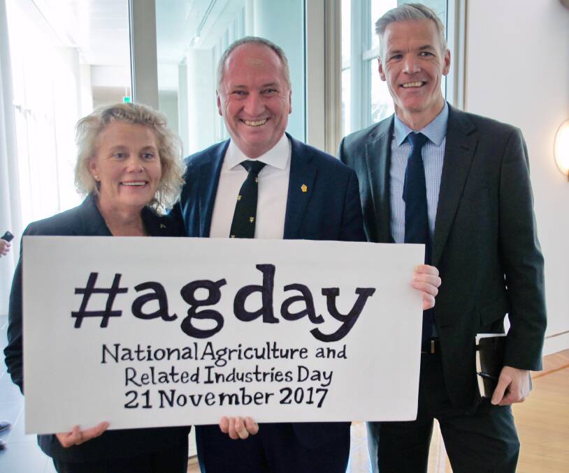 AG DAY: NFF president Fiona Simson, former Deputy PM and Agriculture Minister Barnaby Joyce and NFF chief executive Tony Mahar launching AgDay at Parliament House in September.
