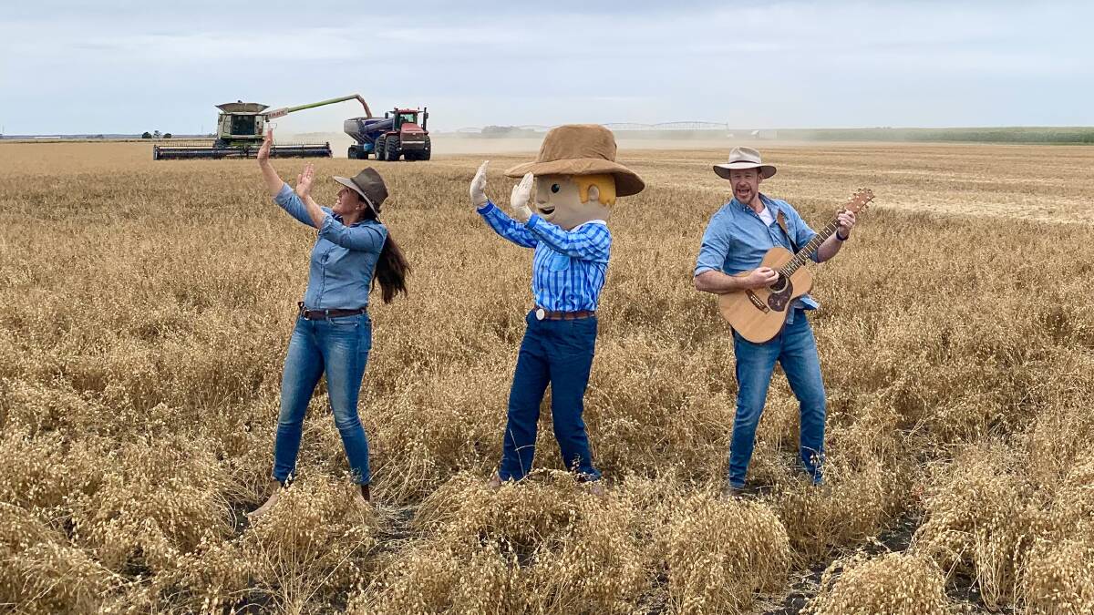 IN FIELD: Simone Kain, George the Farmer and Ben Hood sing a song about chickpeas as part of the educational series on agriculture.