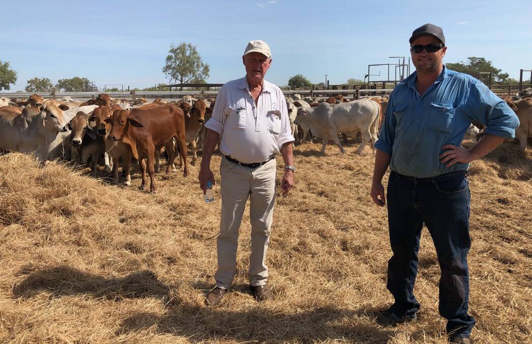 John McLoughlin and Darren Heslin at Inverleigh Station yards finalising the sale prior to the cattle heading to Thornhill Station Hughenden.