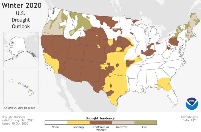 FORECAST: The US is once again experiencing widespread drought and the National Oceanic and Atmospheric Administration thinks it is likely to worsen with the onset of winter. Image: Courtesy of NOAA.