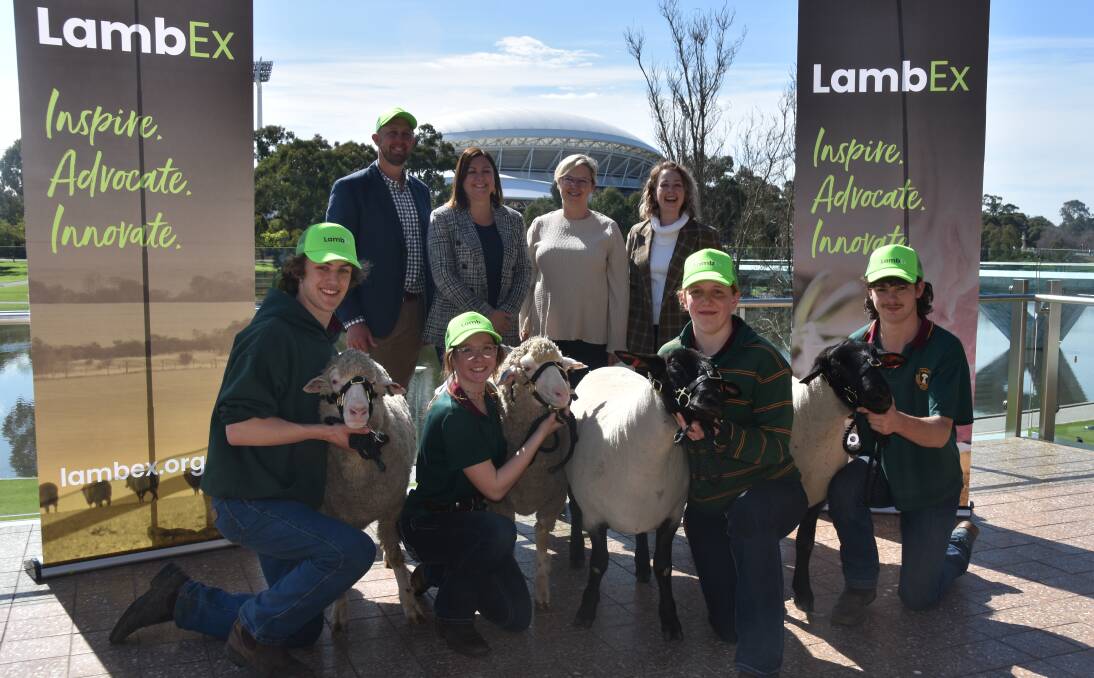 Back: LambEx chair Jason Schulz, Federal Regional Development, Local Government and Territories Minister Kristy McBain, SA Primary Industries and Regional Development Minister Clare Scriven and Sheep Producers Australia chief executive officer Bonnie Skinner. Front: Urrbrae Agricultural High School students Tyler Ferguson, Lainie Jackson, Yasmin Elliott and Jacob Scales at the LambEx launch. Picture by Elizabeth Anderson