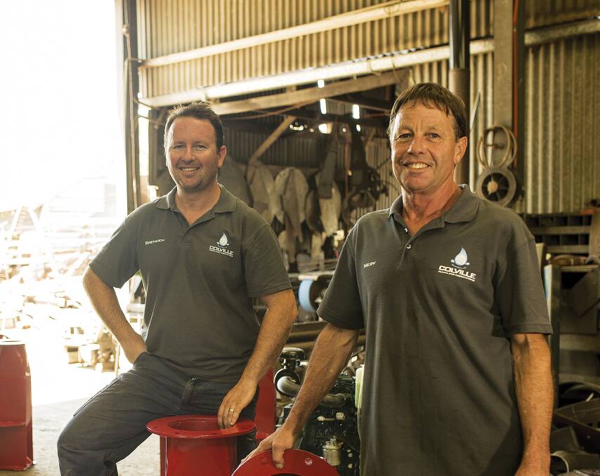 Merv and Brenden Colville at work in the shed.