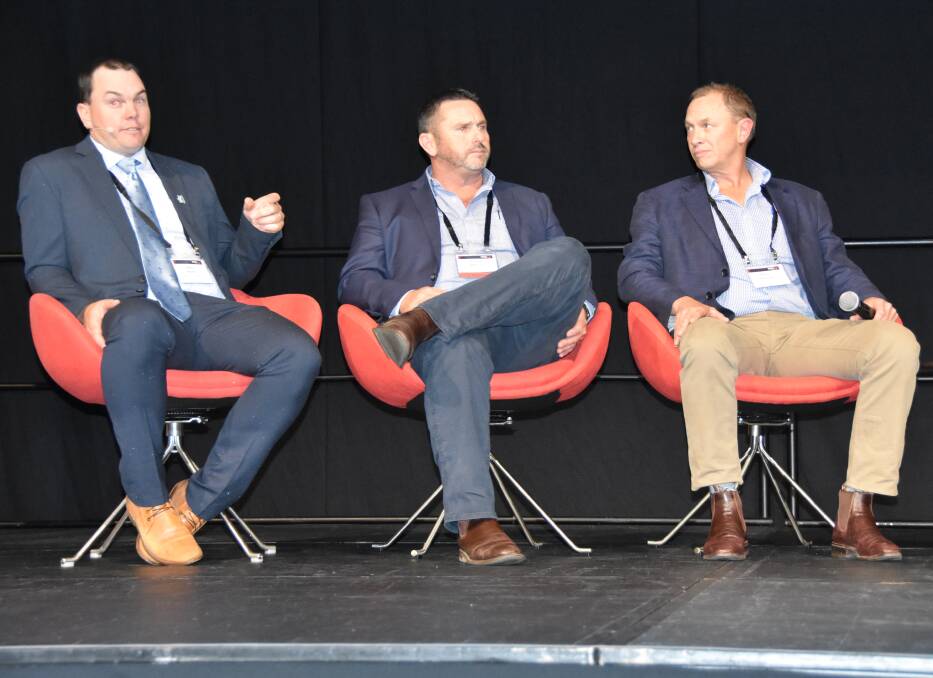THE THREE AMIGOS: Steve Martin, Kerwee Feedlot, Andrew Mallloy, Rangers Valley Feedlot, and Berry Reynolds, Mort and Co, during a panel session at the Australian Wagyu Association conference in Adelaide. 