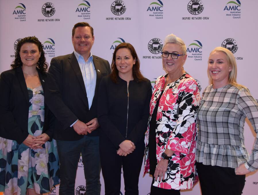 THORN AMONG ROSES: Pictured at the inaugural Meat Business Women conference are Patrick Hutchinson, CEO of AMIC, with Louise Harland-Cox, AMIC, Jaclyn Symes, Victoria's Minister for Agriculture, event MC, Michelle Redfern, and Stacey McKenna, AMIC.         