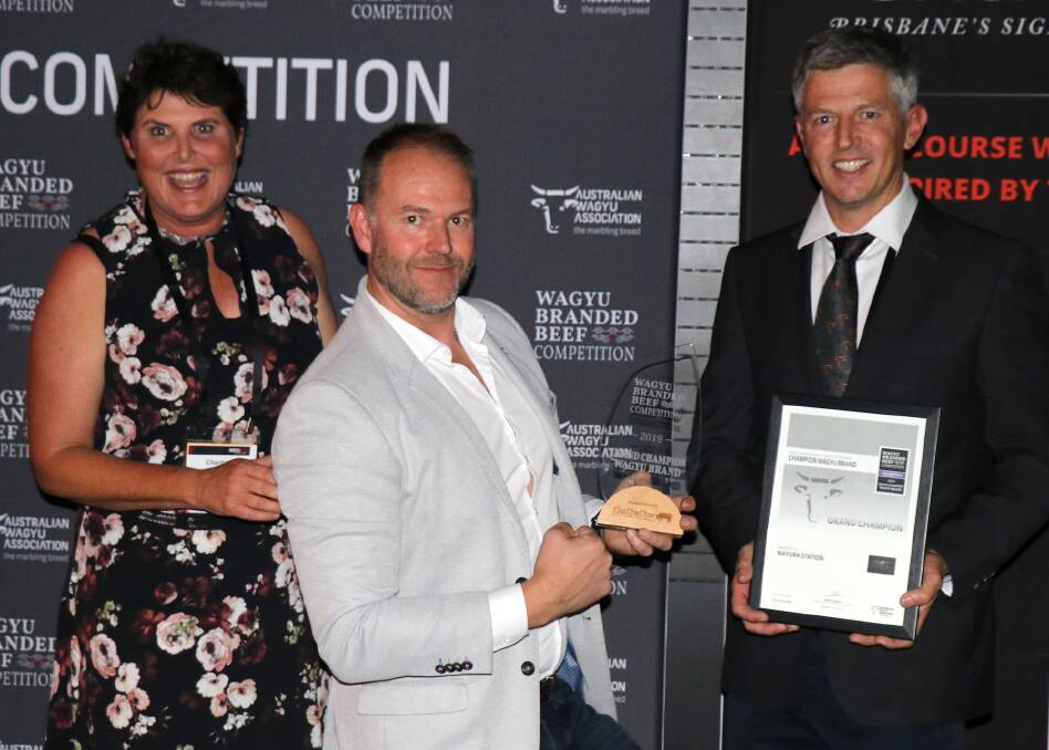 WONDERFUL WAGYU: Scott de Bruin, Mayura Station, Millicent, SA (centre), receives the award for the 2019 grand champion Wagyu branded beef from Chantal Winter, president of the Australian Wagyu Association, and CEO, Matt McDonagh. 