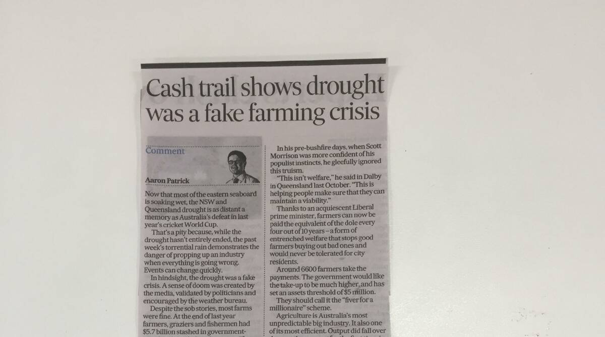 FAKE NEWS: Australian Financial Review columnist, Aaron Patrick, got up the nose of the National Farmers Federation president, Fiona Simson, with this inflammatory column on February 17. 