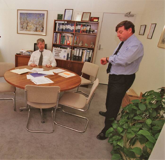 WHARF BUNKER: Former NFF industrial director, Paul Houlihan, and NFF president, Donald McGauchie, in their office bunker in Melbourne during the "War on the Wharves". 