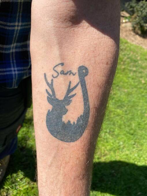 James and Elise Hill, their youngest son Jake and a few of Sam's mates all have the same tattoo with Sam's name inscribed above this design of a fish hook, deer head and mountains - representing the things Sam loved. Pictures supplied