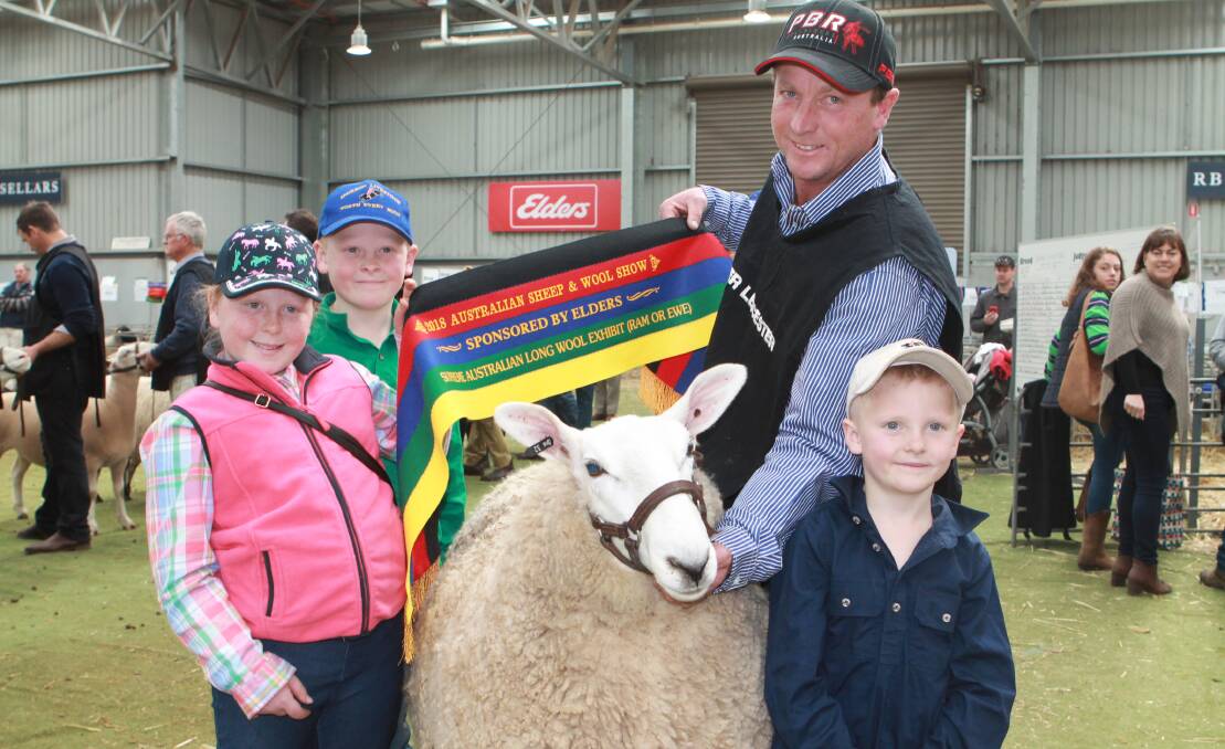 The Jackson family were triumphant in taking out the supreme long wool ASBA exhibit with their rising two year old ewe. Pictured is Lily, Lane, Ross and Ned Jackson. 
