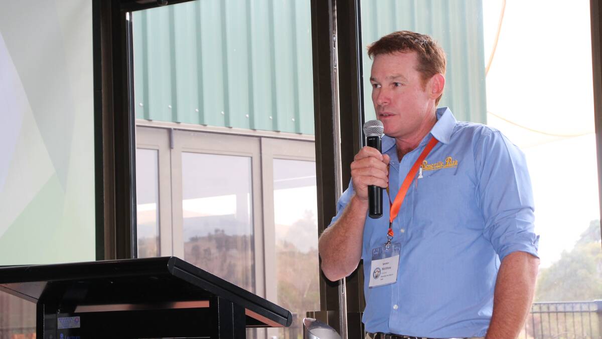 Matthew Coddington, Roseville Park stud, Dubbo, speaking at the 2019 Poll Dorset Conference. His advice to producers was to move on from tradition and greater progress towards breeding objectives can be achieved by targeting traits that are highly heritable.