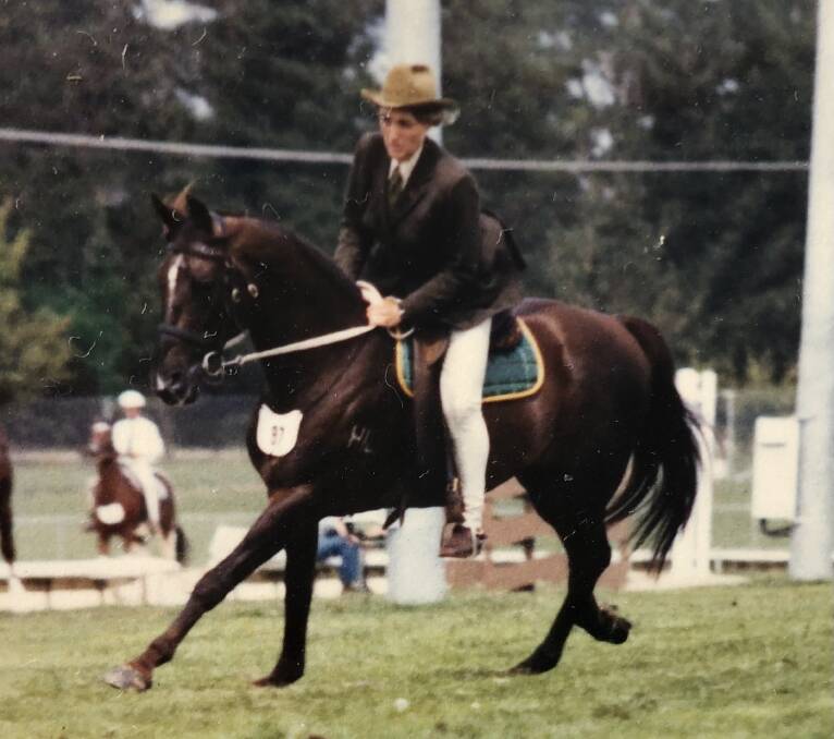 Susan Lytton-Hitchins on Cattle King, winning champion working Australian stockhorse stallion and supreme working Australian stockhorse at Sydney Royal Easter Show, 1982.