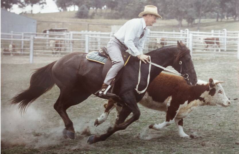 Michael Lytton-Hitchins campdrafting Cattle King at Kyabra, Paddy's River 1980.