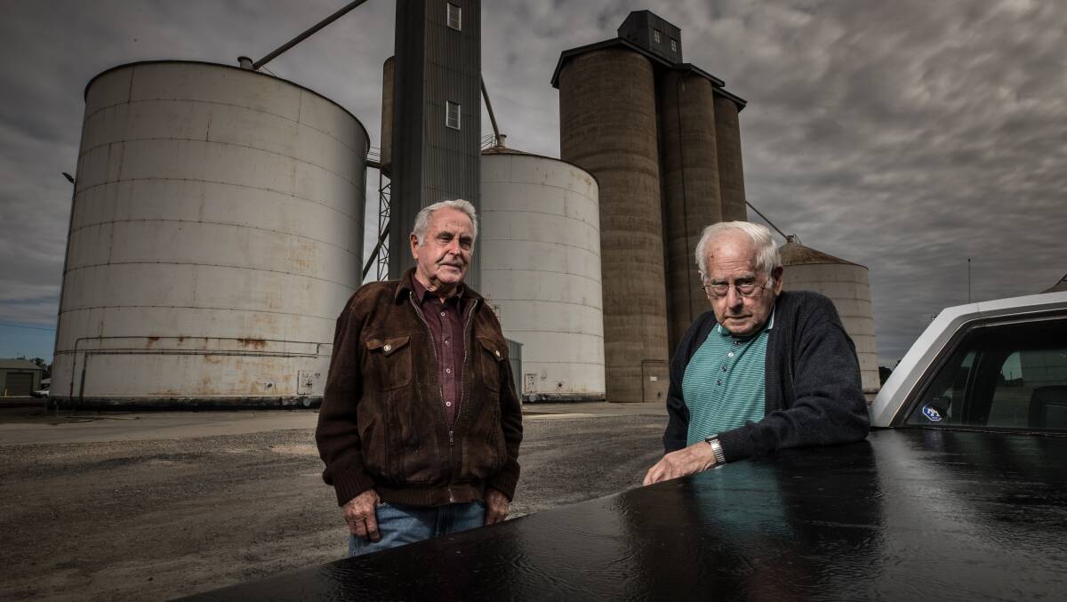 Lifetime grain and sheep farmers Ron Smith and George Allitt, in Jeparit. Photo by Jason South.
