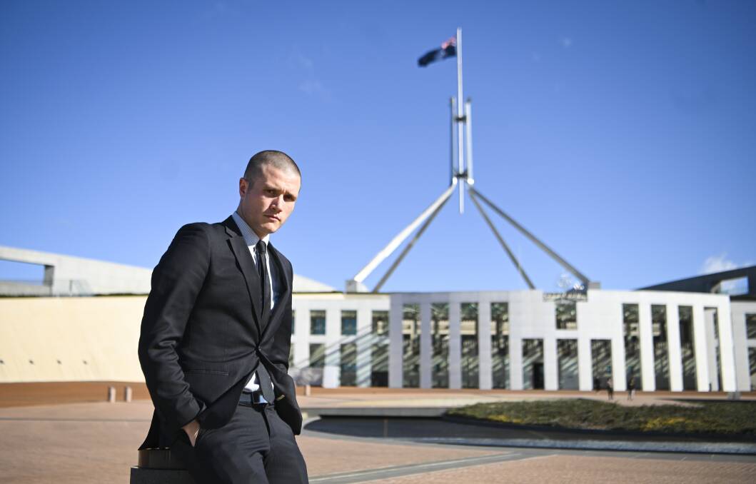 Aussie Farms executive director Chris Delforce at Parliament House in Canberra. Photo: AAP Image/Lukas Coch 
