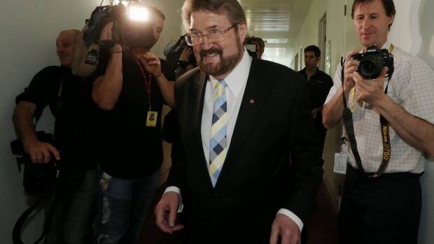 Senator Derryn Hinch in the press gallery after the backpacker tax bill in the Senate at Parliament House in Canberra on Wednesday. Photo: Andrew Meares

