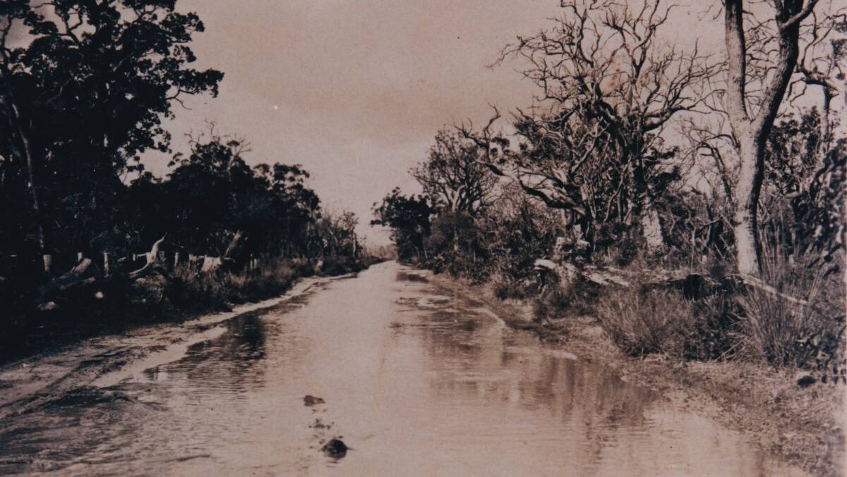 Typical road in winter during the 1920s Thought to be Warren Road near Yoongarillup. Image from the Busselton Historical Society Archive.