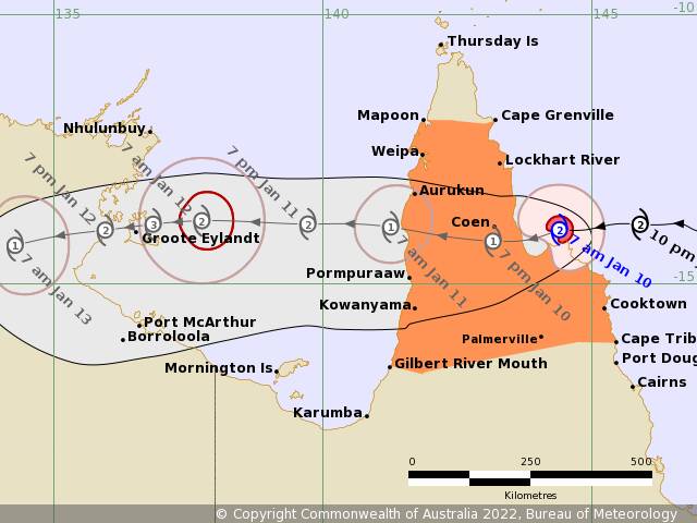 Tropical Cyclone Tiffany is currently 25 kilometres northwest of Cape Melville and 185km north northwest of Cooktown. Graph: BoM