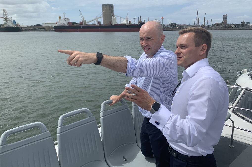 Energy minister Matt Kean and Parlimentary Secretary for the Hunter Taylor Martin at the Port of Newcastle. 