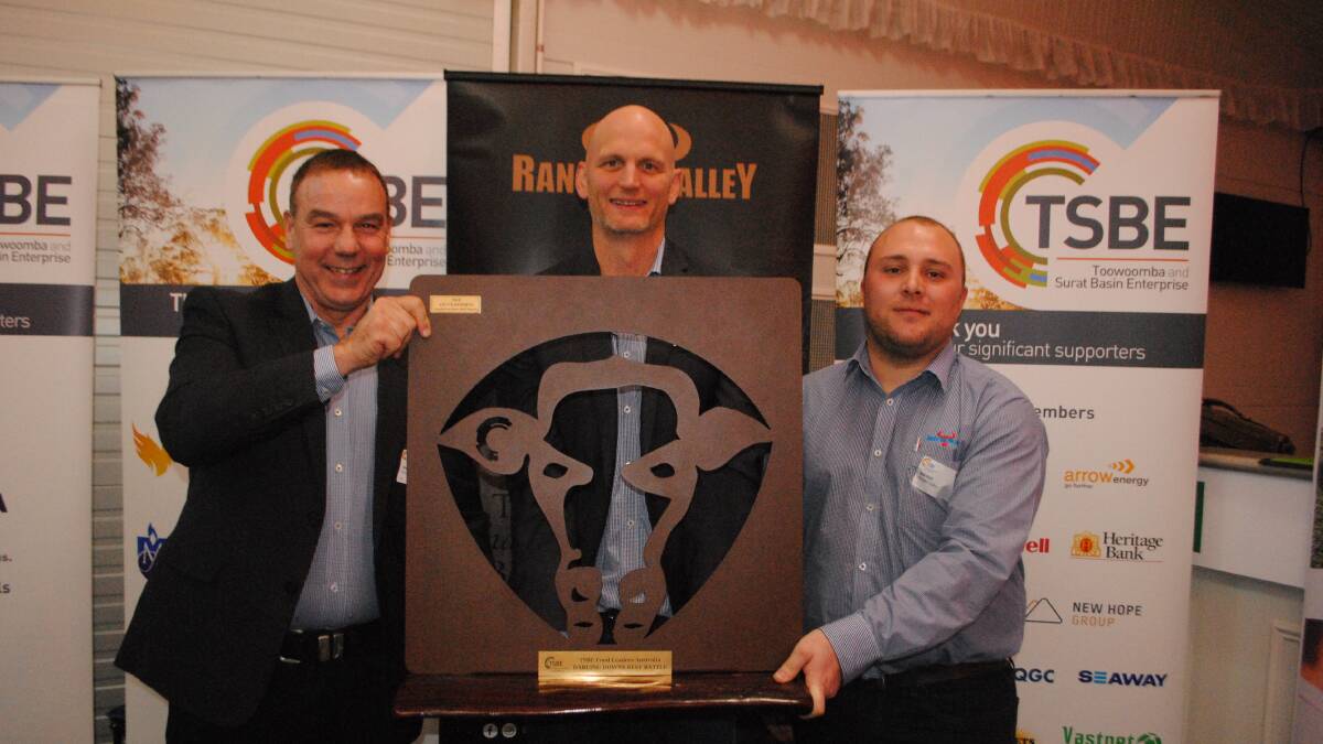 Rangers Valley's Keith Howe, Andrew Moore and Nat Dull with the Darling Downs Beef Battle trophy. 