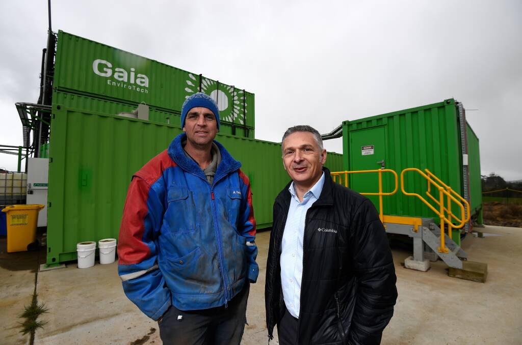 BIODIGESTER: Bungaree, Vic, dairy farmer Mark Trigg with Gekko's Richard Goldberg in front of the Gaia plant. Pictures: Adam Trafford