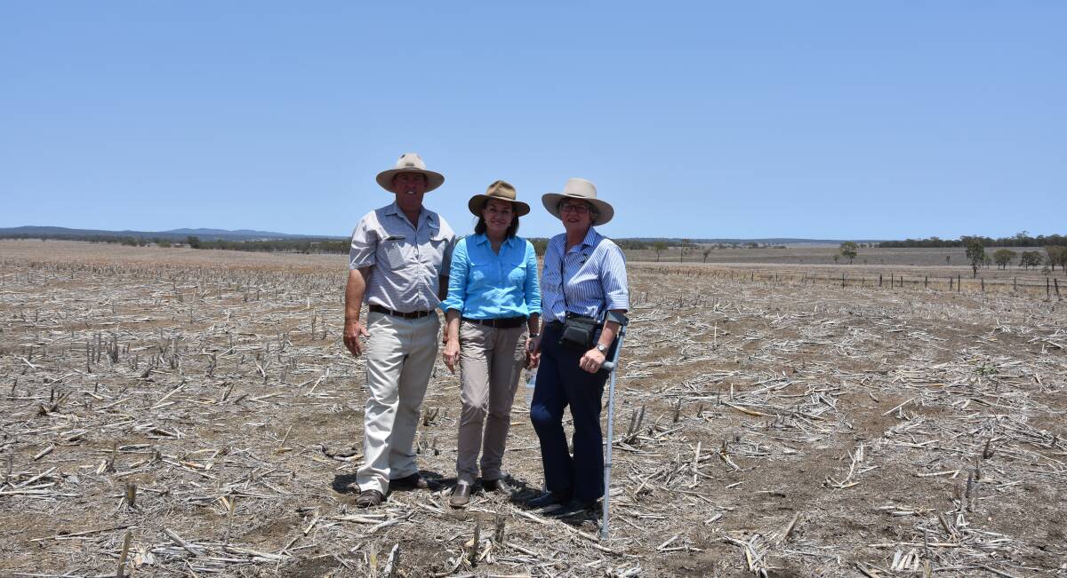 Allora farmer David Peters with Australian Banking Association CEO Anna Bligh and AgForce general president Georgie Somerset discussing important aspects of the drought recovery process. 