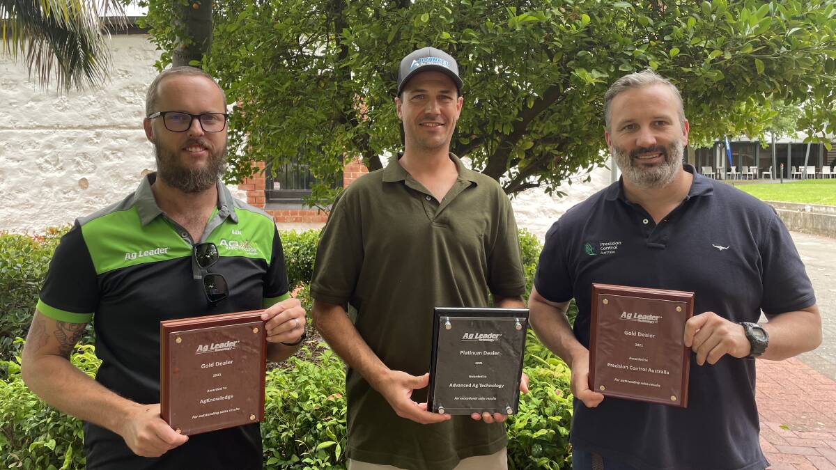 Ben Tarrant, Ag Knowledge Australia, Dalby, Queensland, Aaron Tonkin, Advance Ag Technology, Swan Hill, Victoria, and Darron Perry, Precision Control Australia, Bendigo, Victoria were recognised for their outstanding sales performance at this year's Ag Leader awards.
