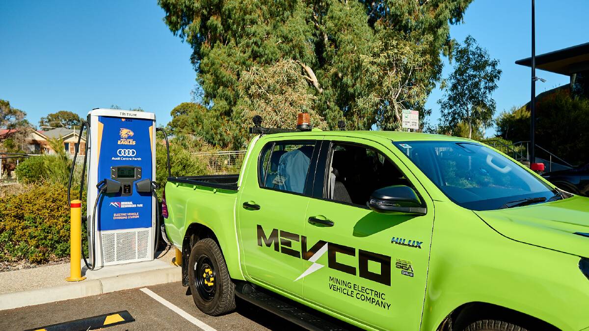 An all-electric converted Toyota HiLux at the Mineral Resources Park charging station at Lathlain in Western Australia. 