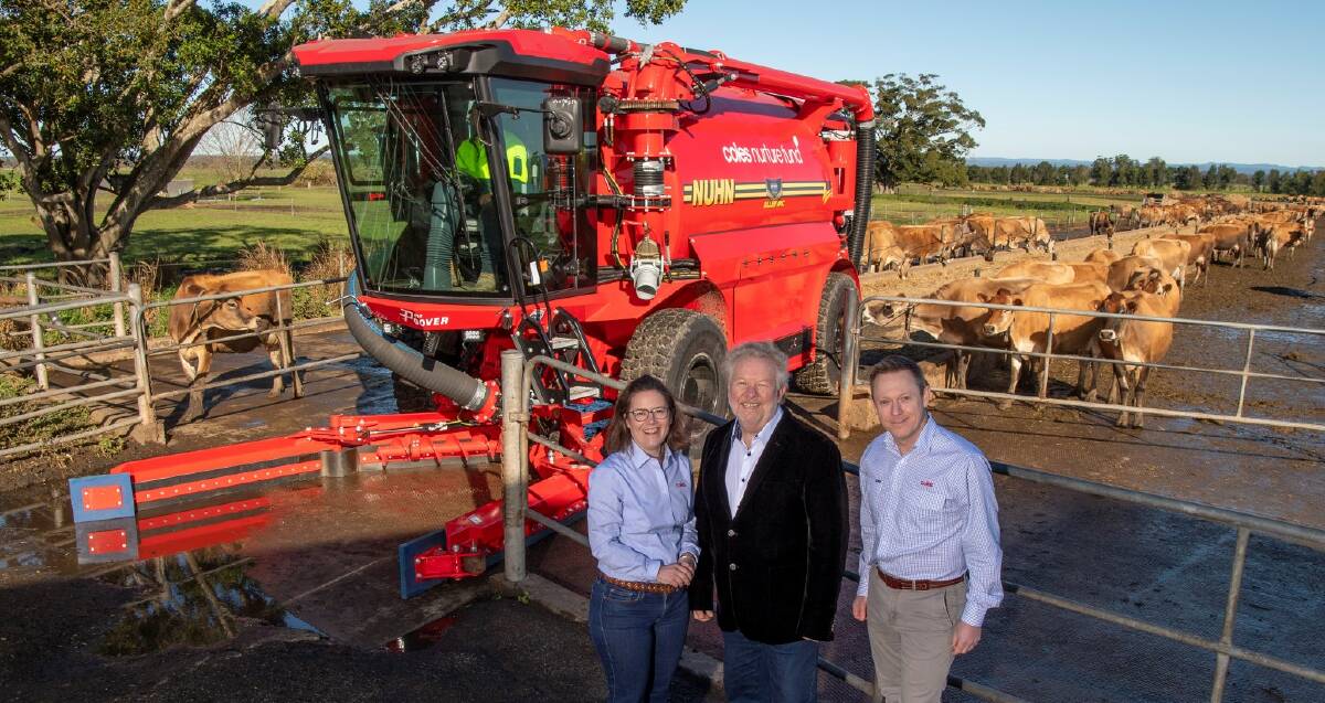 Coles Own Brand, quality and responsible sourcing general manager Charlotte Rhodes, Innovating Energy founder Philip Horan and Coles dairy, freezer and convenience general manager Brad Gorman with the Nuhn self-propelled Alley Vac.