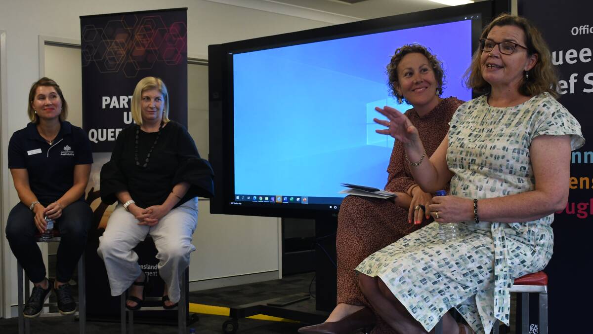 AusIndustry Darling Downs and south west regional manager Natalie Gruenfeld, Queensland interim chief scientist Professor Bronwyn Harch, chief entrepreneur Julia Spicer OAM and IP Australia Office of the Chief Economist assistant director Annita Nugent address the group. 