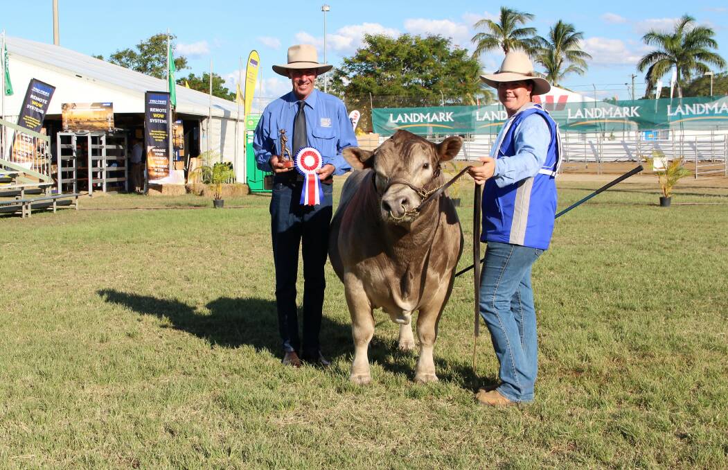 Gary Sewell, Oakvale Square Meaters, Wandai, with grand champion Square Meater bull Oakvale Man-o-man and Tracey Nuttridge, TLC Fitting Service, Lockyer Waters.