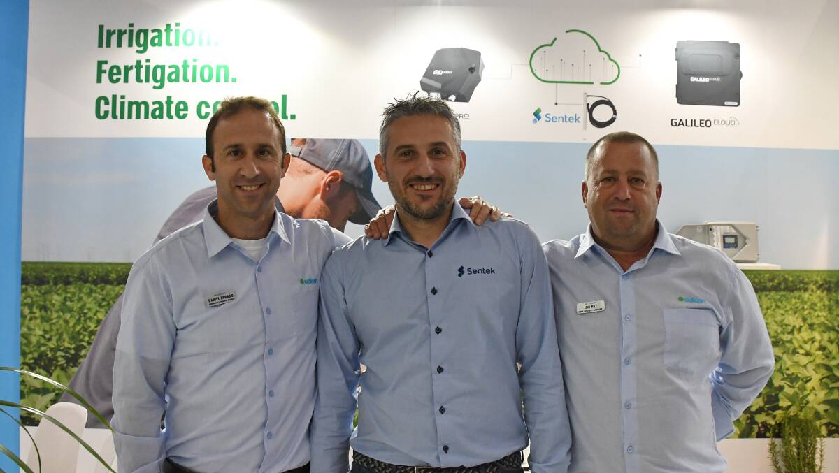 Galcon agronomist and product manager Daniel Farago, Sentek sales and marketing regional manager for Europe Paolo Antini and Galcon EMEA sales manager Ido Paz at EIMA International. 