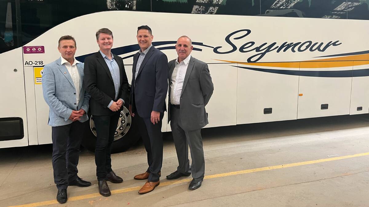 Seymour Passenger Services general manager Stuart Locke, Public Transport Minister Ben Carroll, Zero emissions bus lead and Sita Holdings general manager Andrew Chan, and Seymour Passenger Services managing director Dom Sita with one of the new electric buses.