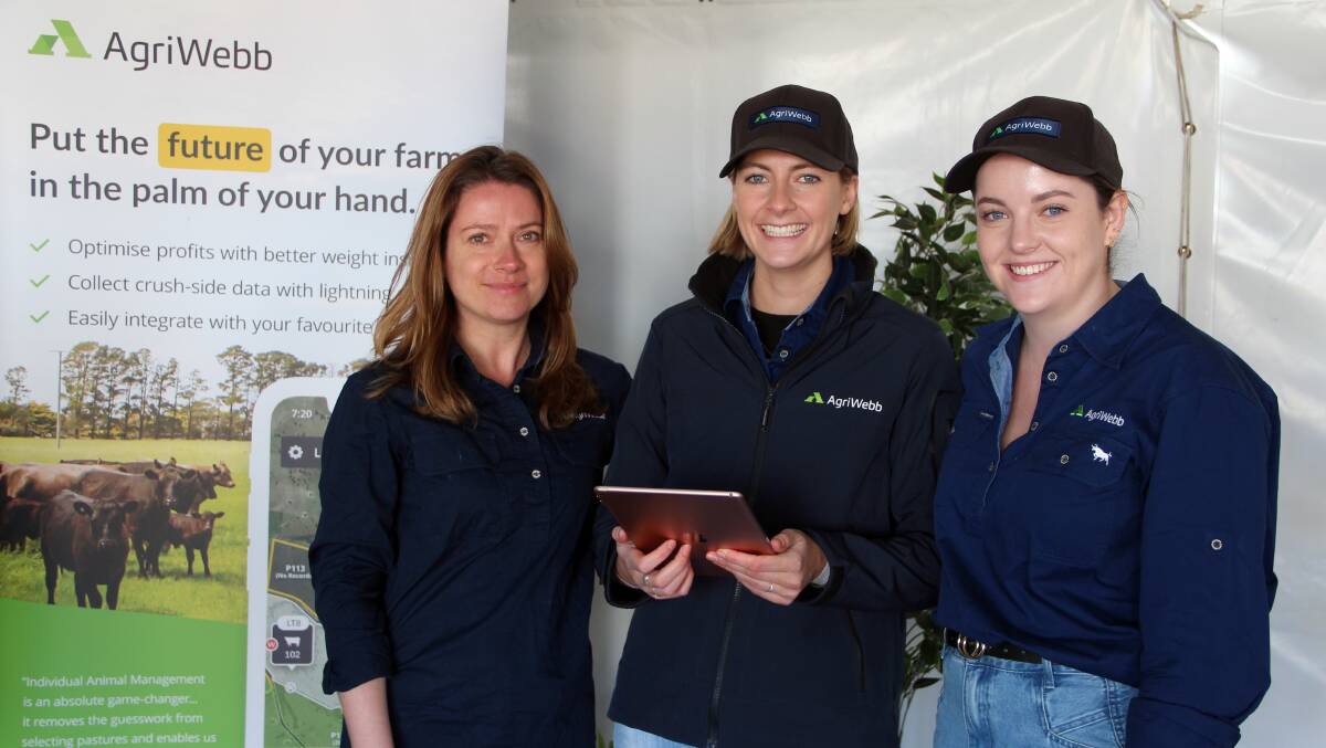 Meaningful conversations: Talking with farmers at the AgriWebb site at FarmFest was Elena Maltseva, Amber Woods and Pip Haberlin. 