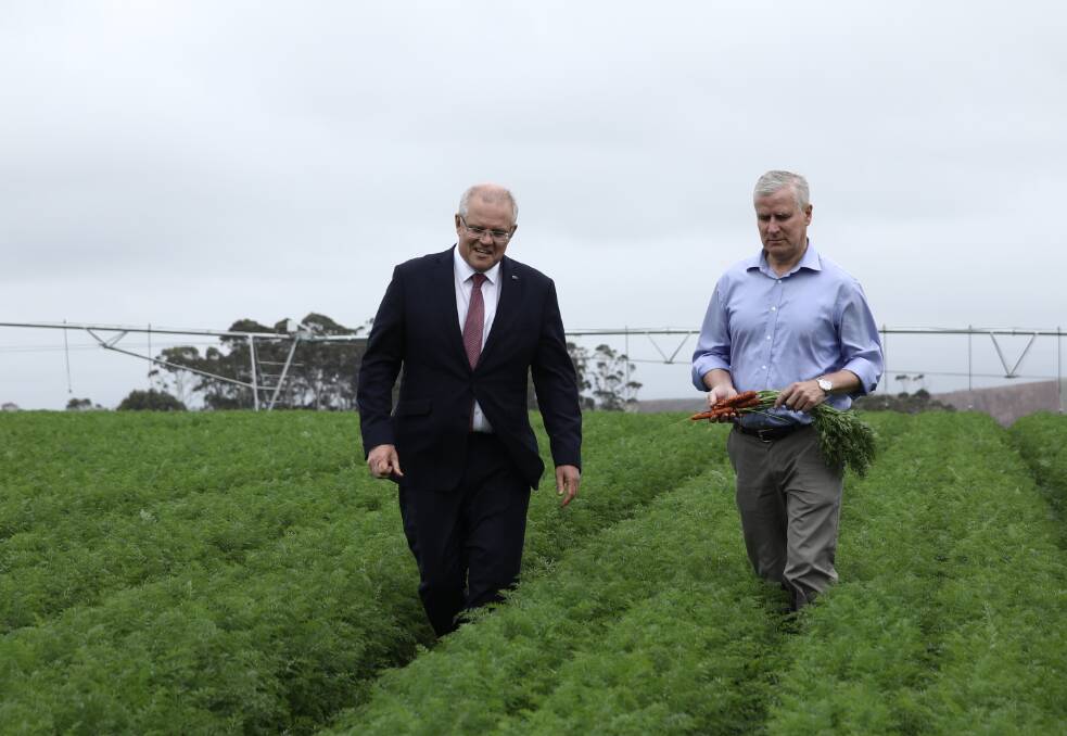 Prime Minister Scott Morrison and Deputy Prime Minister Michael McCormack visit Premium Fresh carrot farm in Tasmania last week. Photo Dominic Lorrimer.