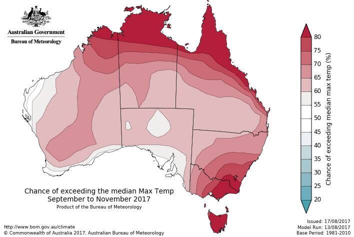 Chance of exceeding median maximum temperature September to November 2017. Information reproduced with permission of the Bureau of Meteorology.