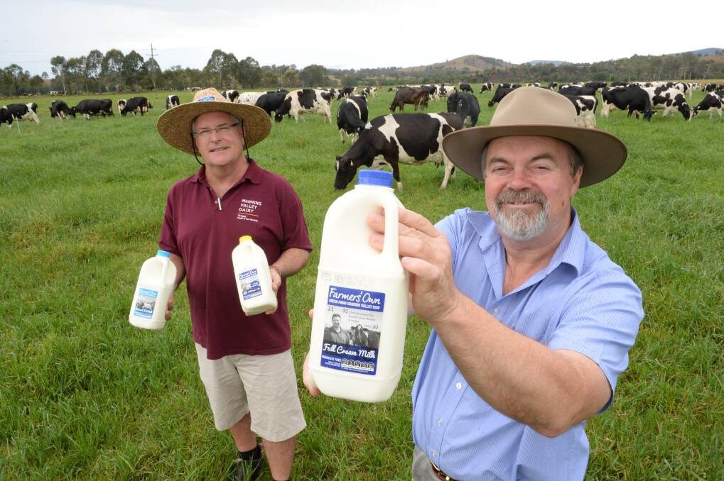 Wingham, NSW dairy farmer Paul Greenhalgh with Manning Valley Fresh chairman Tim Bale, Stewarts River, NSW.