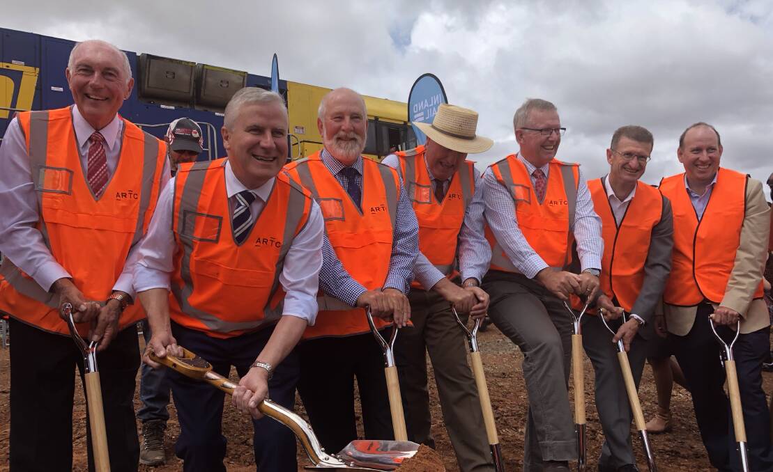 Australian Rail Track Corporation chairman Warren Truss and Michael McCormack at the official launch of the Inland Rail construction in Parkes last week.
