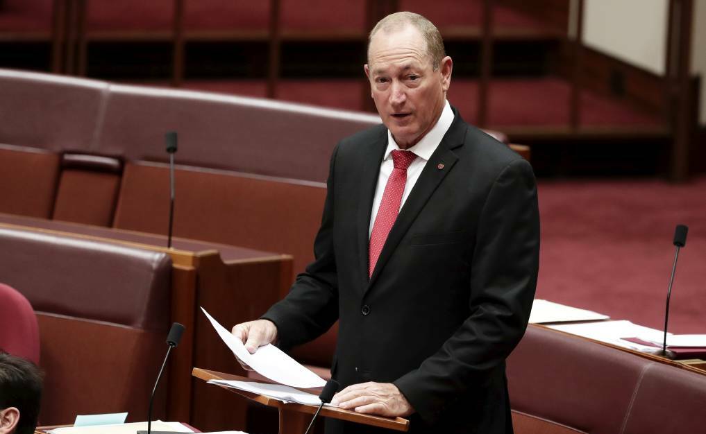  Senator Fraser Anning delivers his maiden speech to the Senate. Photo: Alex Ellinghausen.