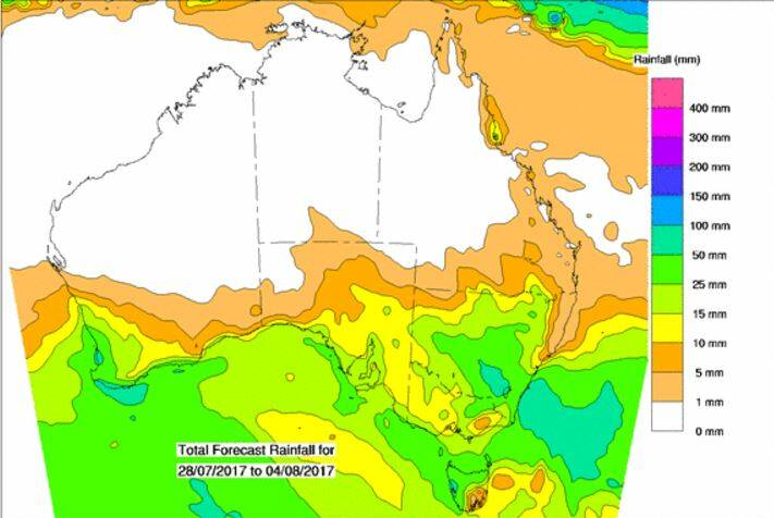 Rain for the week ending August 4. Information reproduced with the permission of the Bureau of Meteorology.