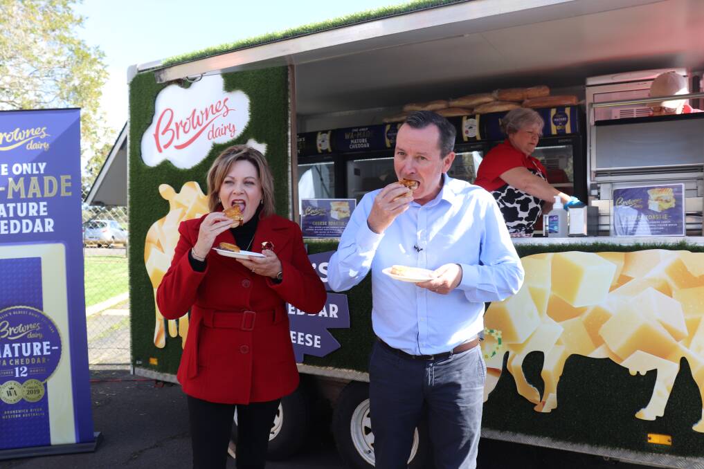 TOASTING CHEDDAR: Western Australian Murray-Wellington MLA Robyn Clarke and state Premier Mark McGowan tuck into toasties made with Brownes Dairy's vintage and mature cheddar cheese at the product launch.