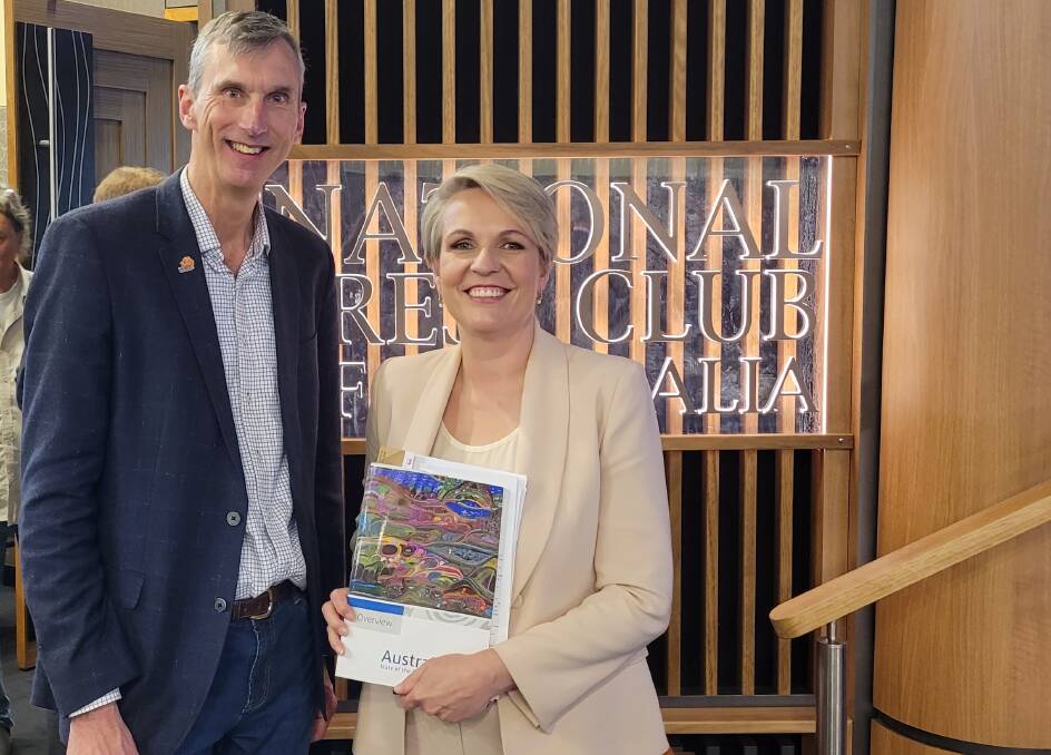 HIGH STAKES: Andrew Cox with Tanya Plibersek, federal Minister for the Environment and Water, at the launch of the State of Environment Report in July 2022. 