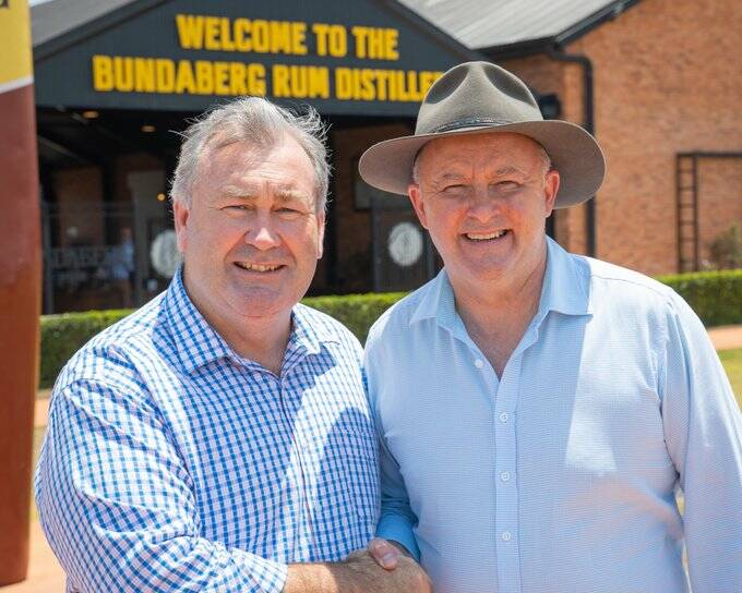 In the seat of Hinkler, local Mayor Jack Dempsey, left, is throwing his hat in the ring to run as an "independent". He is pictured with Anthony Albanese.