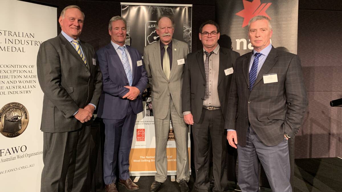 Some of last year's Australian Wool Industry Medal recipients Brian van Rooyen, Geoff Fisken, Michael Blake, Darren Spencer, and FAWO chairman David Michell.