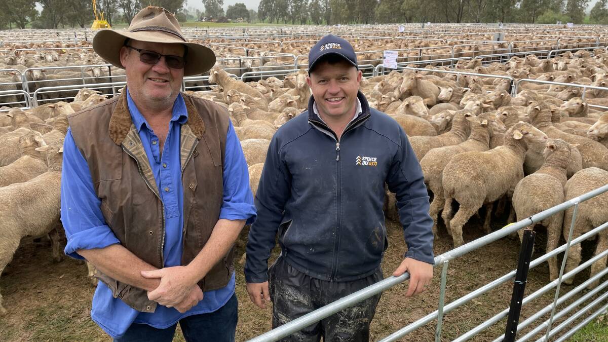 Anthony Barr, DS Barr Farms, North Balaklava, SA, with Spence Dix & Co auctioneer Daniel Griffiths, received $344 for ewes at Marrabel, SA.